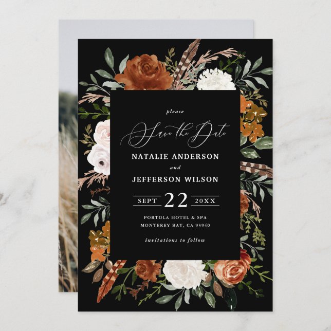 Black botanical rustic photo save the date (Front/Back)