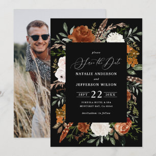 Black botanical rustic photo save the date