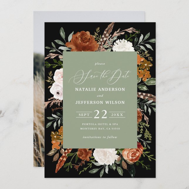 Black botanical rustic photo save the date (Front/Back)