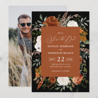 Black botanical rustic photo save the date