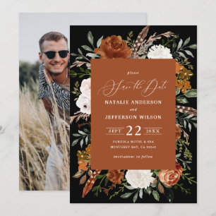 Black botanical rustic photo save the date