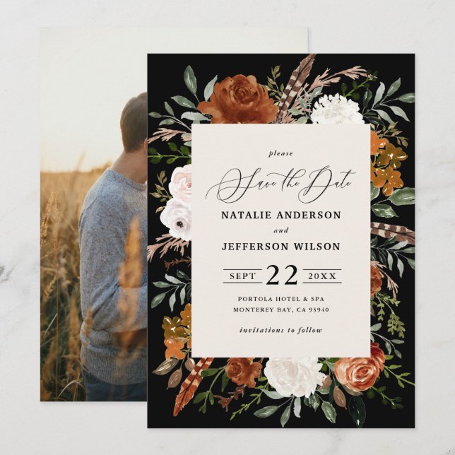 Black botanical rustic photo wedding save the date (Front/Back)