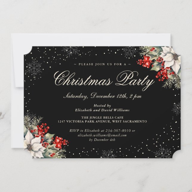 Black Botanical Snowflake Christmas Holiday Party Invitation (Front)