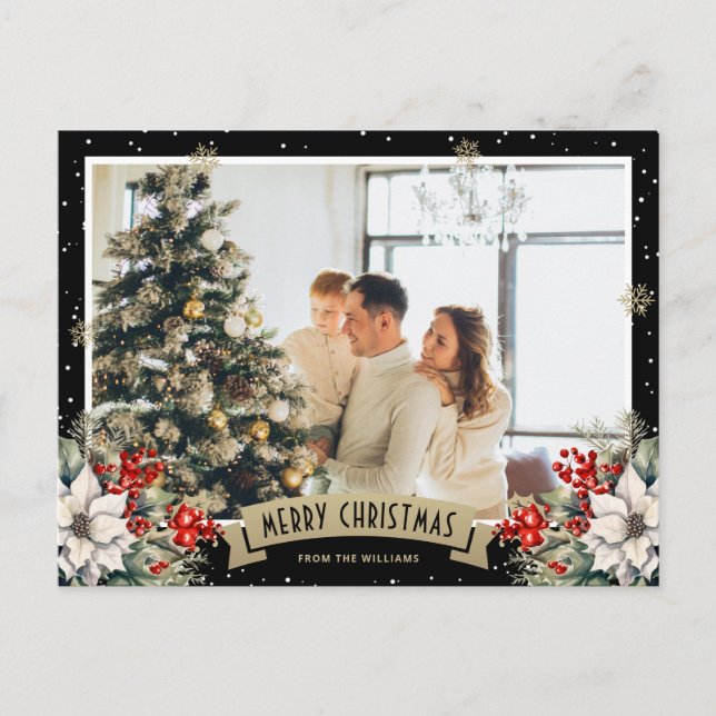 Black Botanical Snowflake Photo Christmas Holiday Postcard (Front)