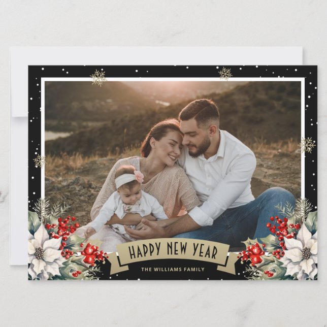 Black Botanical Snowflake Photo Happy New Year Holiday Card (Front)