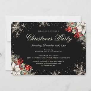 Black Botanical Snowflakes Christmas Holiday Party Invitation