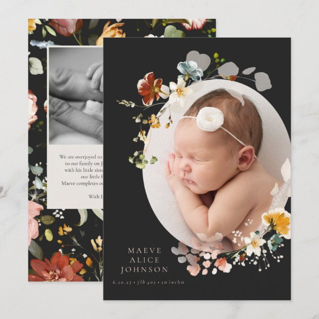 Black Botanical Vintage Photo Birth Announcements (Front/Back)