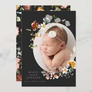 Black Botanical Vintage Photo Birth Announcements