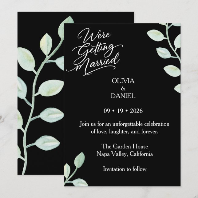 Black Botanical Wedding Save the Date Invitation (Front/Back)