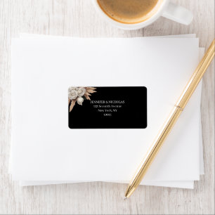 Black Botanical White Rose Pampas Return Address Label