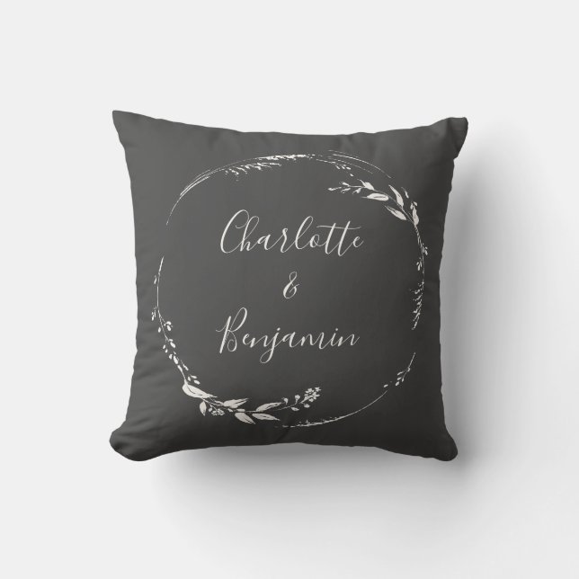 Black Botanical Wreath Calligraphy Personalised  Cushion (Front)