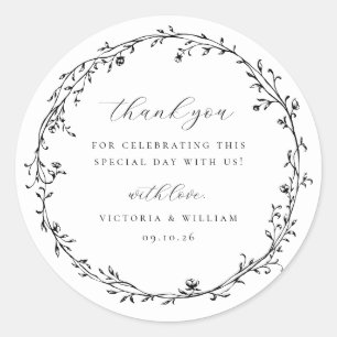 Black Botanical Wreath Wedding Favour Classic Round Sticker