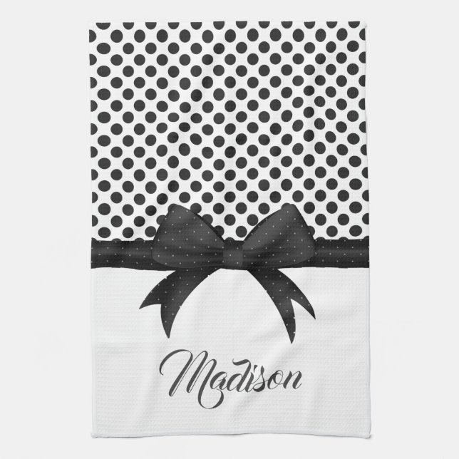 Black Bow and Dots Pattern Tea Towel (Vertical)