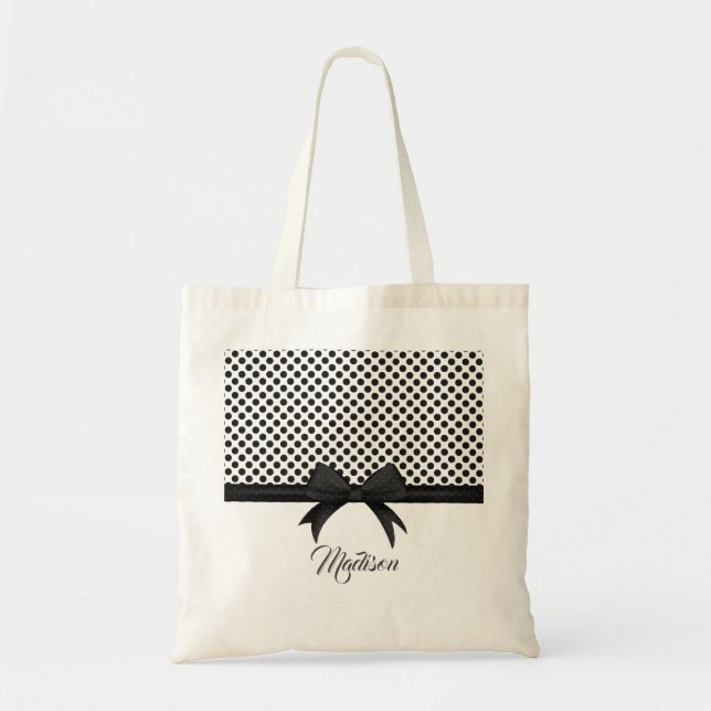 Black Bow and Dots Pattern Tote Bag (Front)