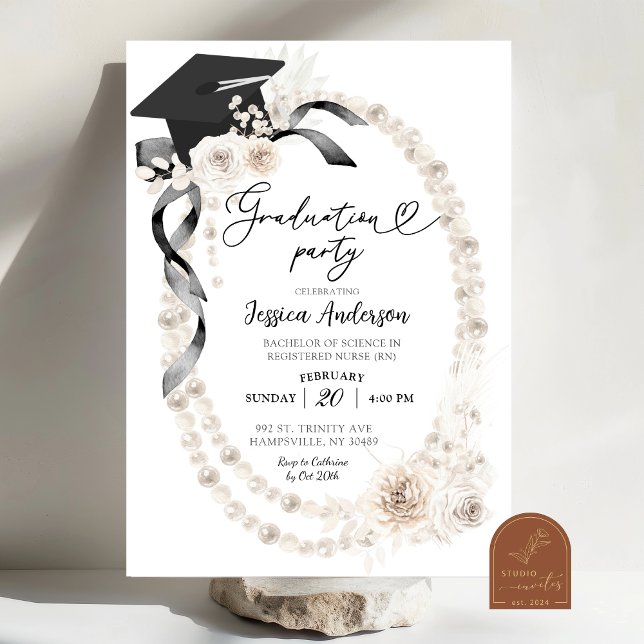 Black Bow and Pearl Boho Coquette Graduation Party Invitation (Creator Uploaded)