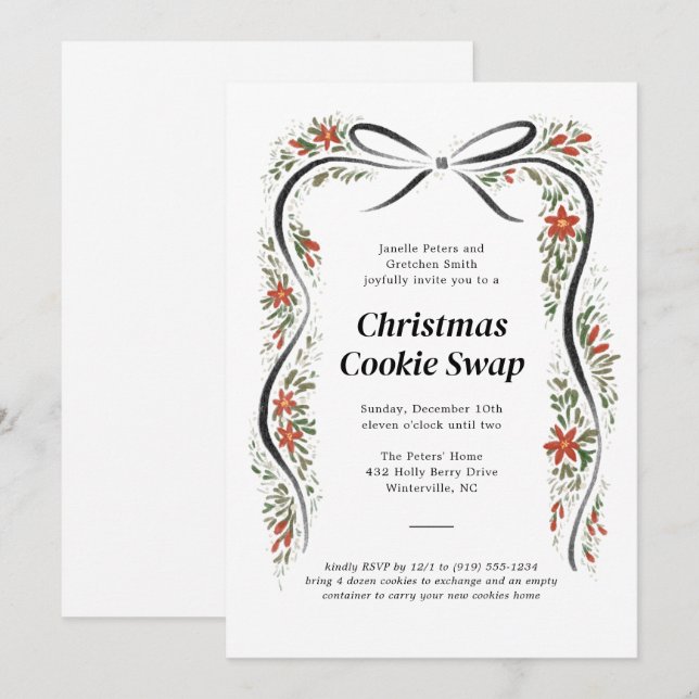 Black Bow and Poinsettias Christmas Holiday Invitation (Front/Back)
