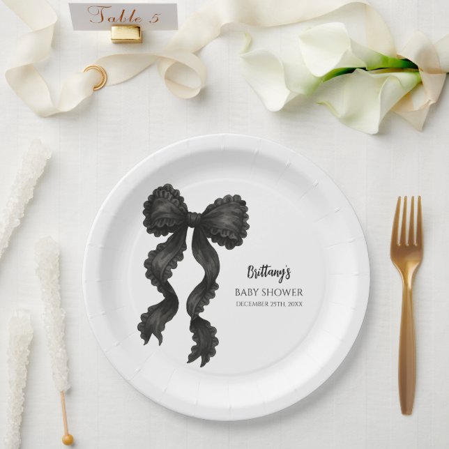 Black Bow Baby Shower Coquette Ribbon Paper Plate (Wedding)
