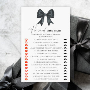 Black bow bridal shower He said she said game