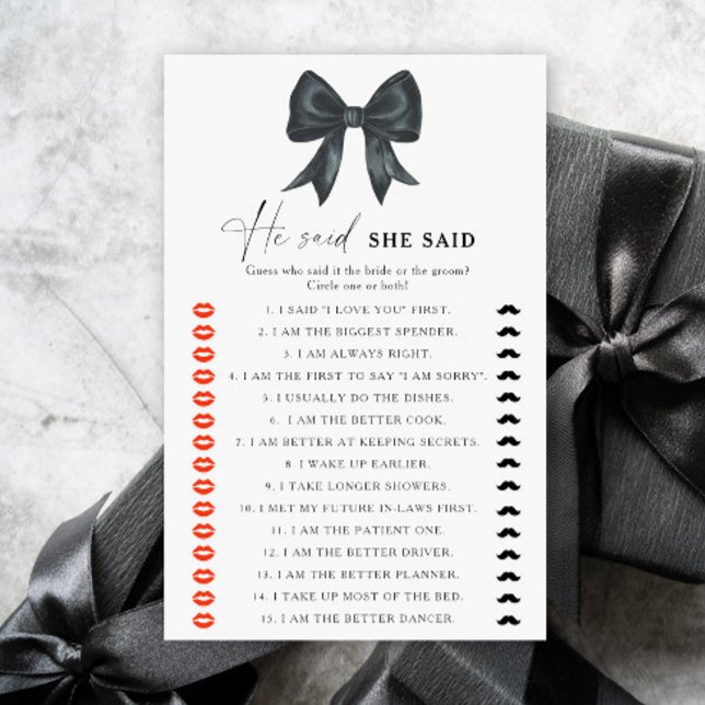 Black bow bridal shower He said she said game (Creator Uploaded)