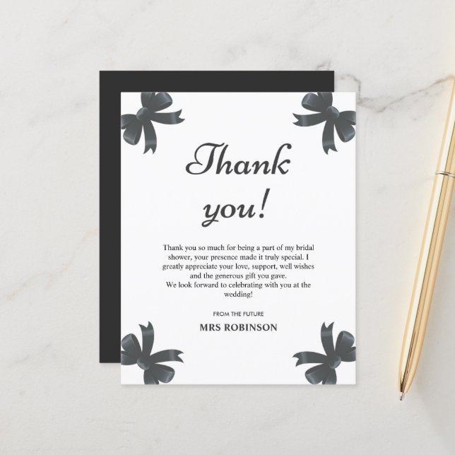 Black Bow Bridal Shower Thank You Card (Front/Back In Situ)