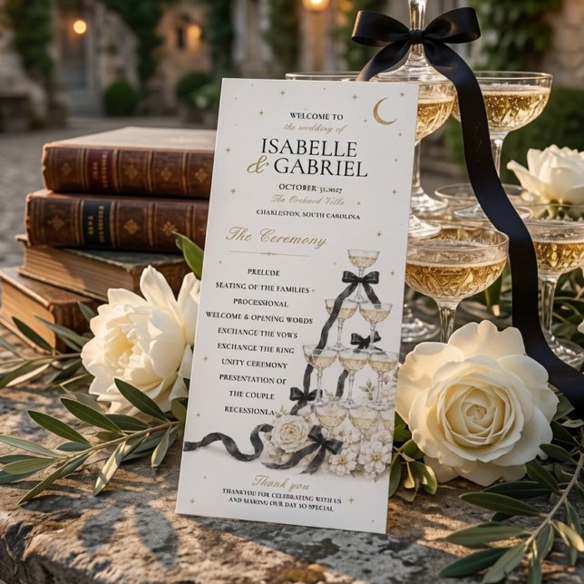 Black Bow Champagne Tower Wedding Program  Menu (Creator Uploaded)