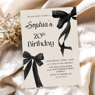 Black Bow Coquette 20th Birthday Party Invitation