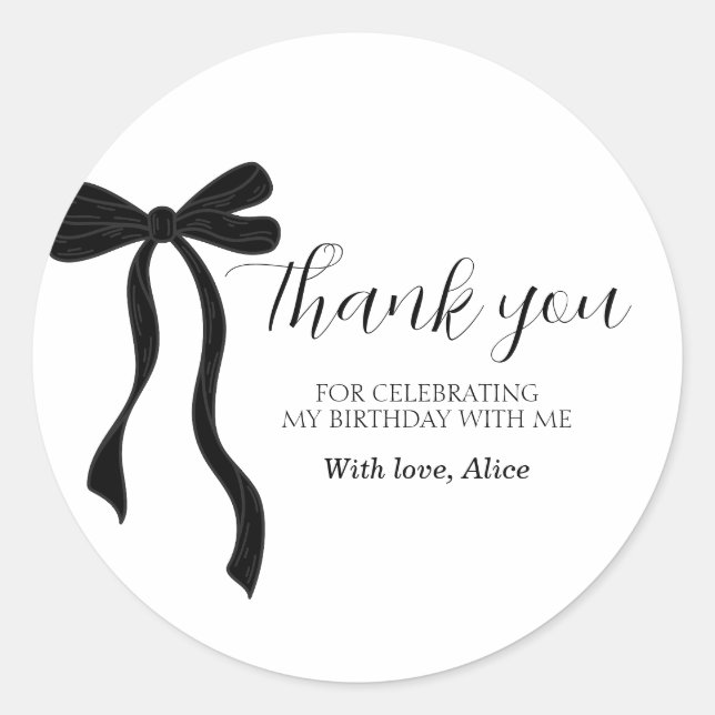 Black Bow Coquette Birthday Thank You Classic Roun Round Sticker (Front)