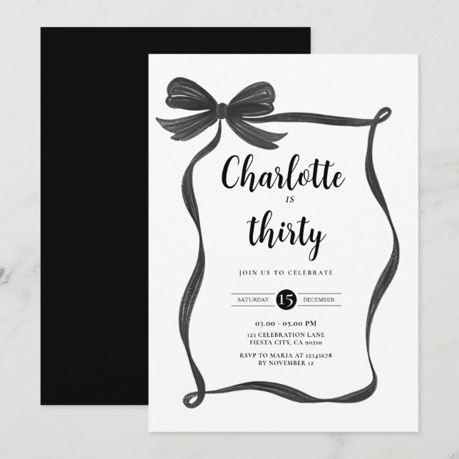 Black Bow Coquette Bow 30th Birthday Invite  (Front/Back)