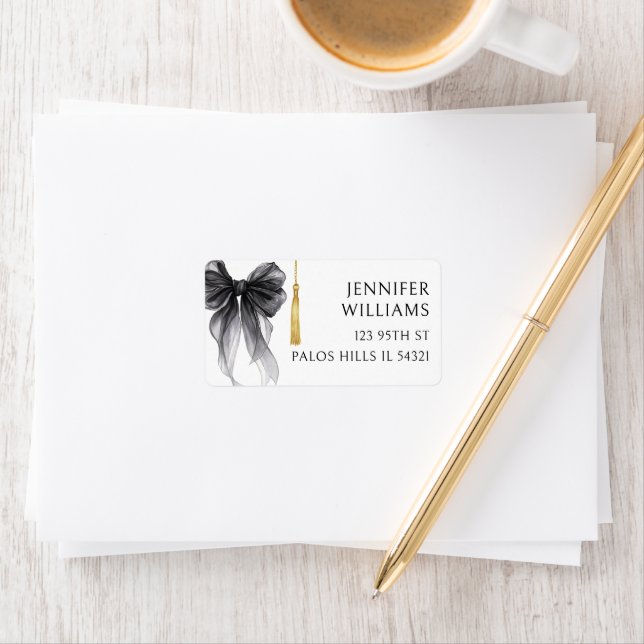 Black Bow Coquette Graduation Cap Return Address Label (Insitu)