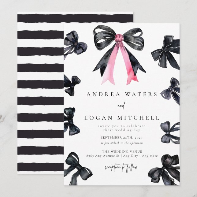 Black Bow | Coquette | Minimal Black White Wedding Invitation (Front/Back)