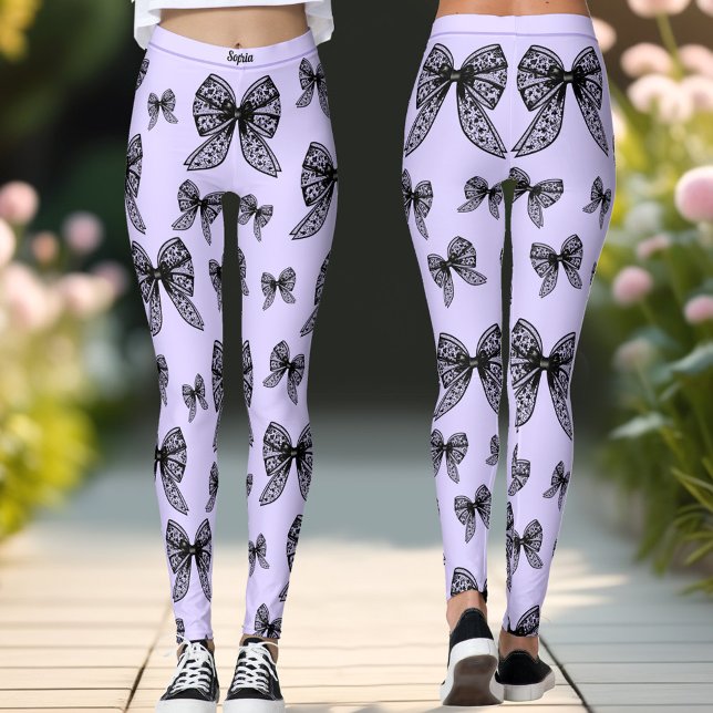 Black Bow Coquette Purple Trendy Custom Name Leggings (Black Bow Coquette Purple Trendy Custom Name Leggings)