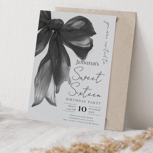 Black Bow Coquette Script Sweet 16 Party Gray  Invitation (Black Bow Coquette Script Sweet 16 Party Gray Invitation)
