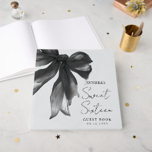 Black Bow Coquette Script Sweet 16 Party Grey Guest Book