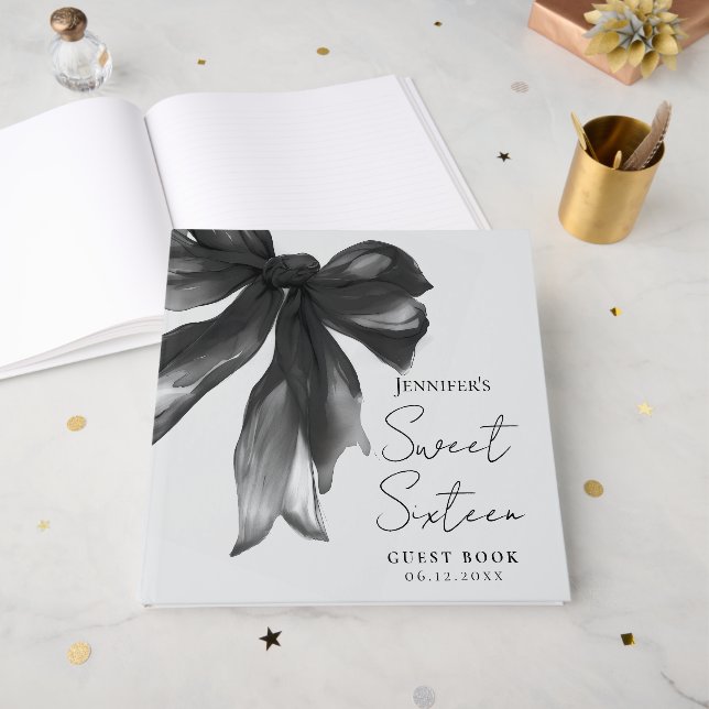 Black Bow Coquette Script Sweet 16 Party Grey  Guest Book (Front Open)