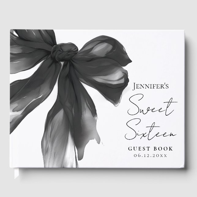 Black Bow Coquette Script Sweet 16 Party Guest Book (Front)