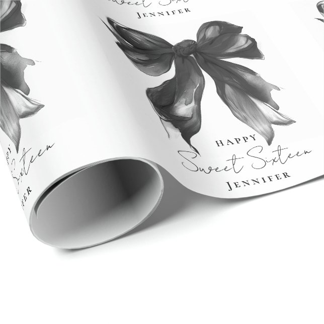 Black Bow Coquette Script Sweet 16 Party Wrapping Paper (Roll Corner)