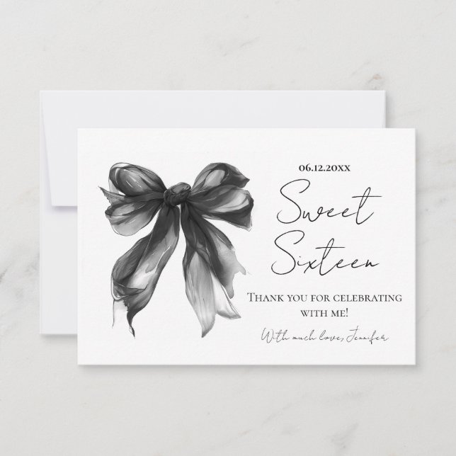 Black Bow Coquette Script Sweet 16 Thank You  Card (Front)