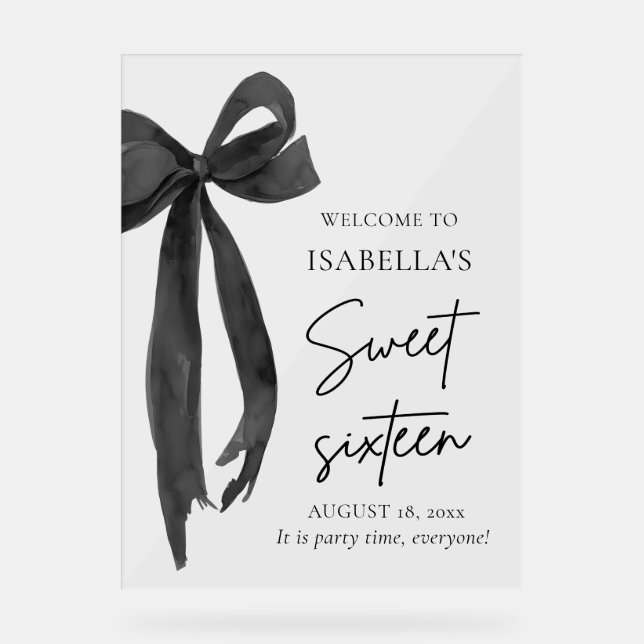 Black Bow Coquette Sweet 16 Birthday Welcome Acrylic Sign (Front)