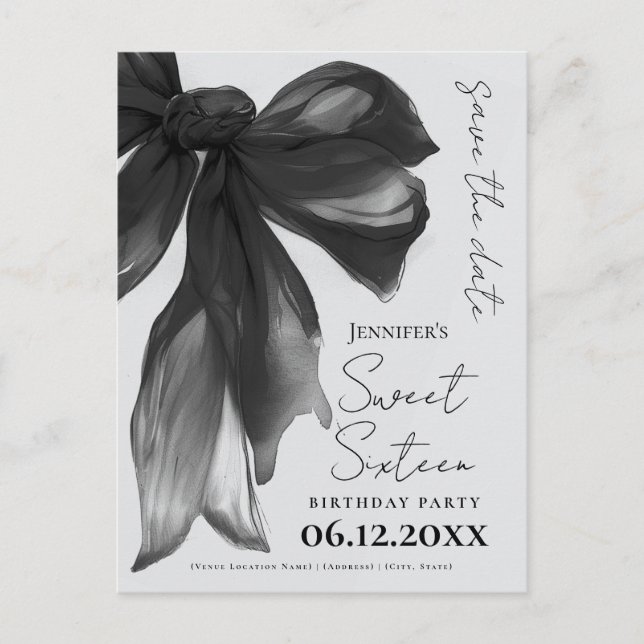 Black Bow Coquette Sweet 16 Save the Date Grey Postcard (Front)