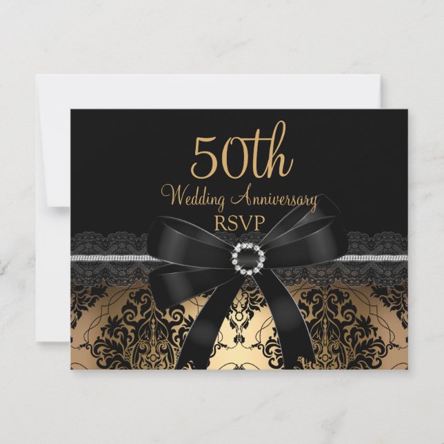 Black Bow & Damask Gold 50th Anniversary RSVP (Front)