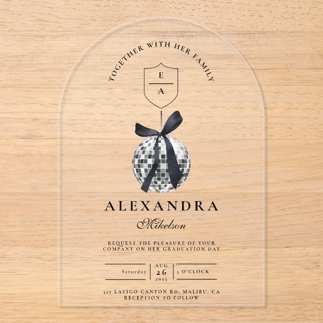 Black Bow Disco Ball Graduation Party  Acrylic Invitations (Front)