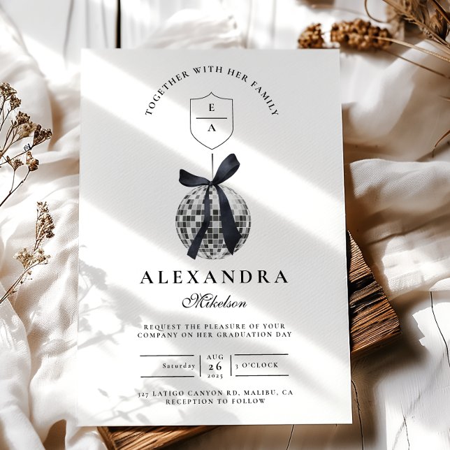 Black Bow Disco Ball Graduation Party  Invitation (Creator Uploaded)