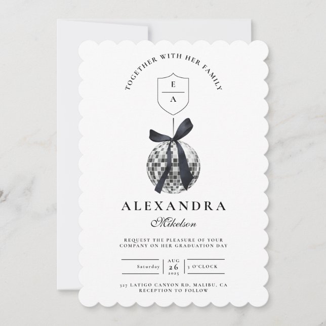Black Bow Disco Ball Graduation Party  Invitation (Front)