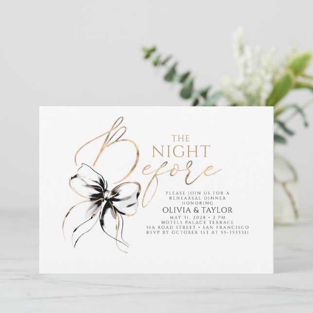 Black Bow Elegant Modern Chic Rehearsal Dinner Invitation (Standing Front)
