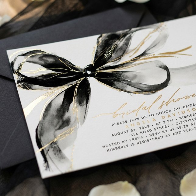 Black Bow Elegant Romantic Modern Bridal Shower (Black Bow Gold Foil Bridal Shower Invitation)