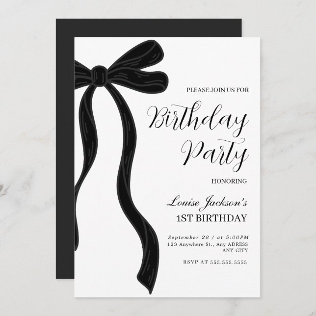 Black Bow First Birthday Party Invitation (Front/Back)