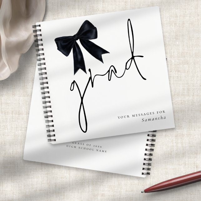 Black Bow Grad Script Graduate Guest Book (Front and back view)