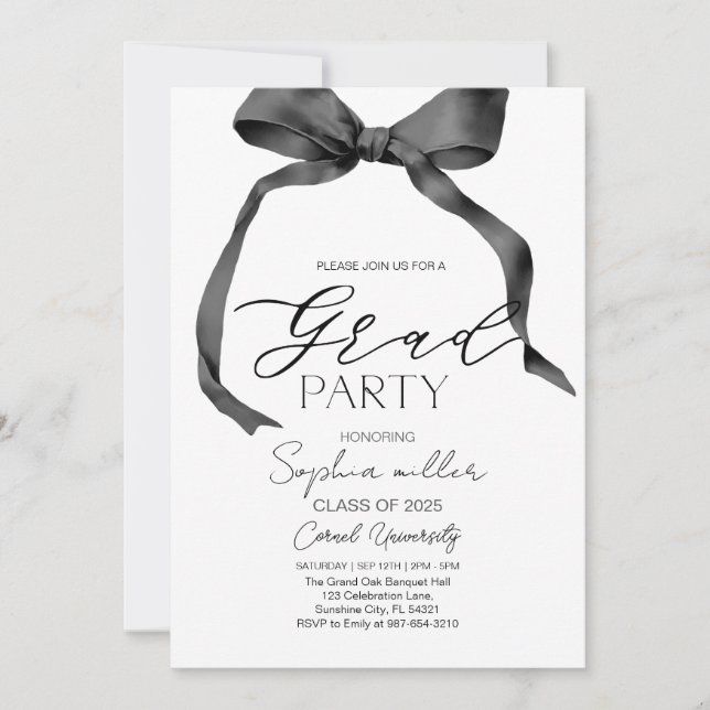 Black Bow Graduation,Minimalist black and white  Invitation (Front)