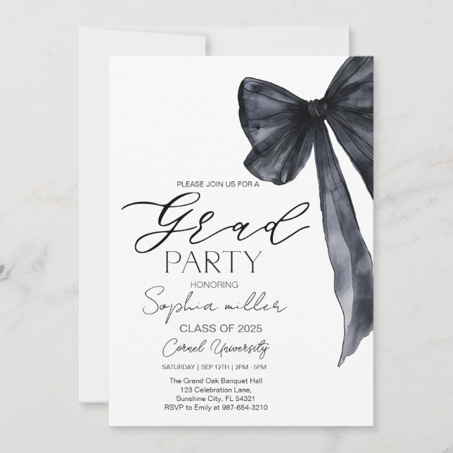 Black Bow Graduation,Minimalist black and white  Invitation (Front)