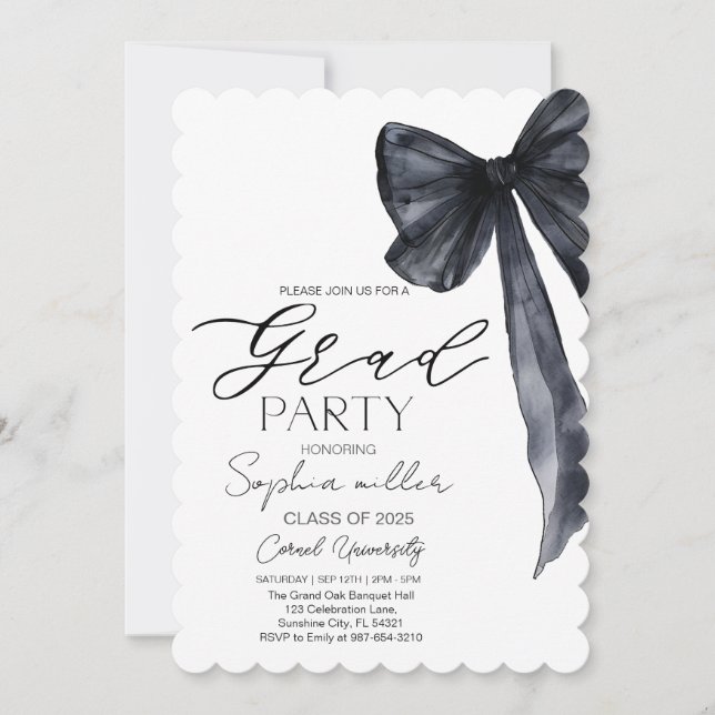 Black Bow Graduation,Minimalist black and white  Invitation (Front)